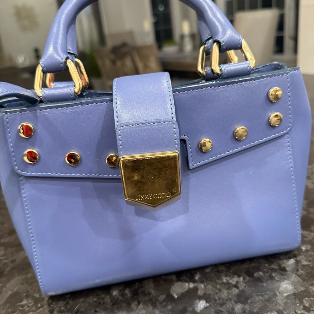 Jimmy Choo Lavender Satchel with Gold and Red Accents